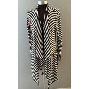 Caite Open Front Cardigan Duster L Blue Stripe Floral Embroidery Asymmetrical